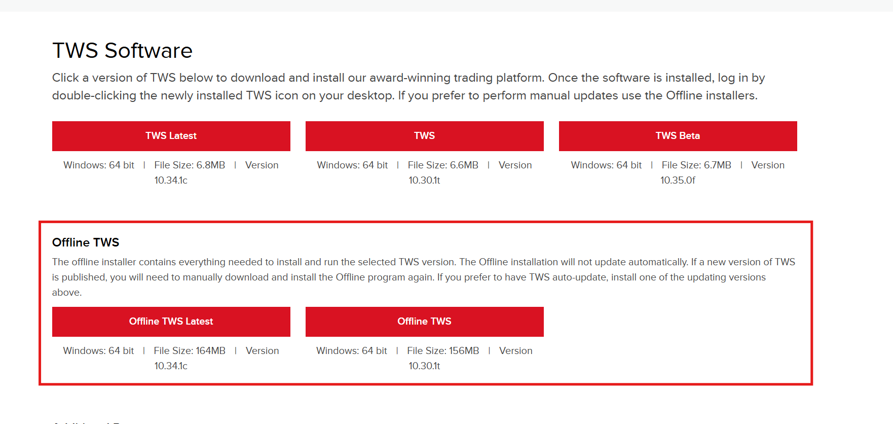 Highlights the Offline TWS versions on the download page.