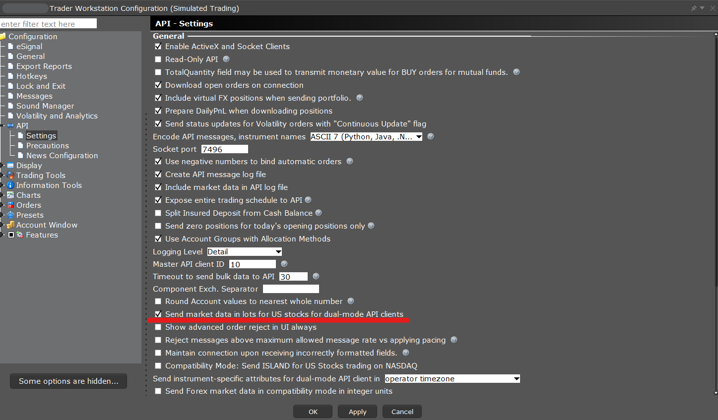 Highlights the "Send market data in lots for US stocks for dual-mode API clients setting in API settings of TWS Global Configuration.