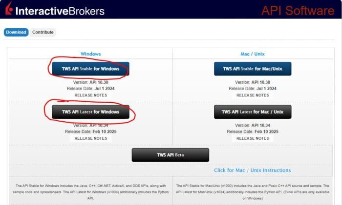 Highlights the TWS API versions for Windows. 