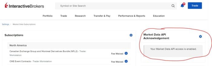 Client Portal market data subscriptions settings highlighting the location of the Market Data API Acknowledgement.