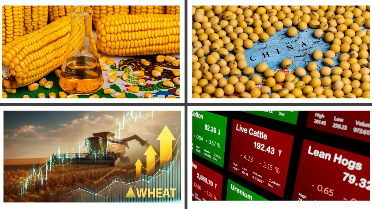corn, wheat, soybeans, livestock
