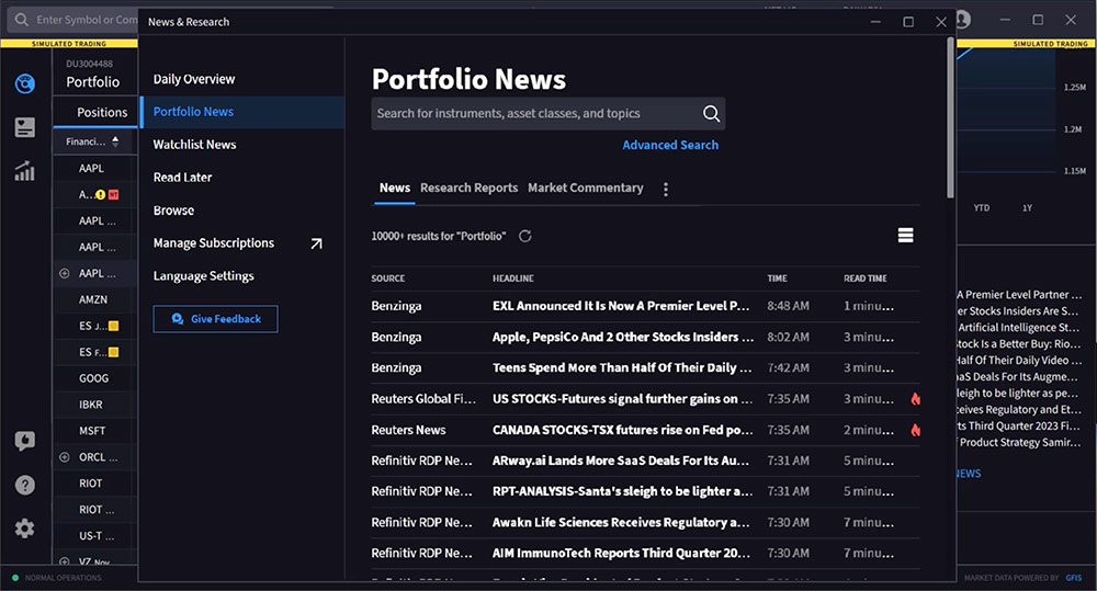 IBKR Desktop, Portfolio news, snippet.